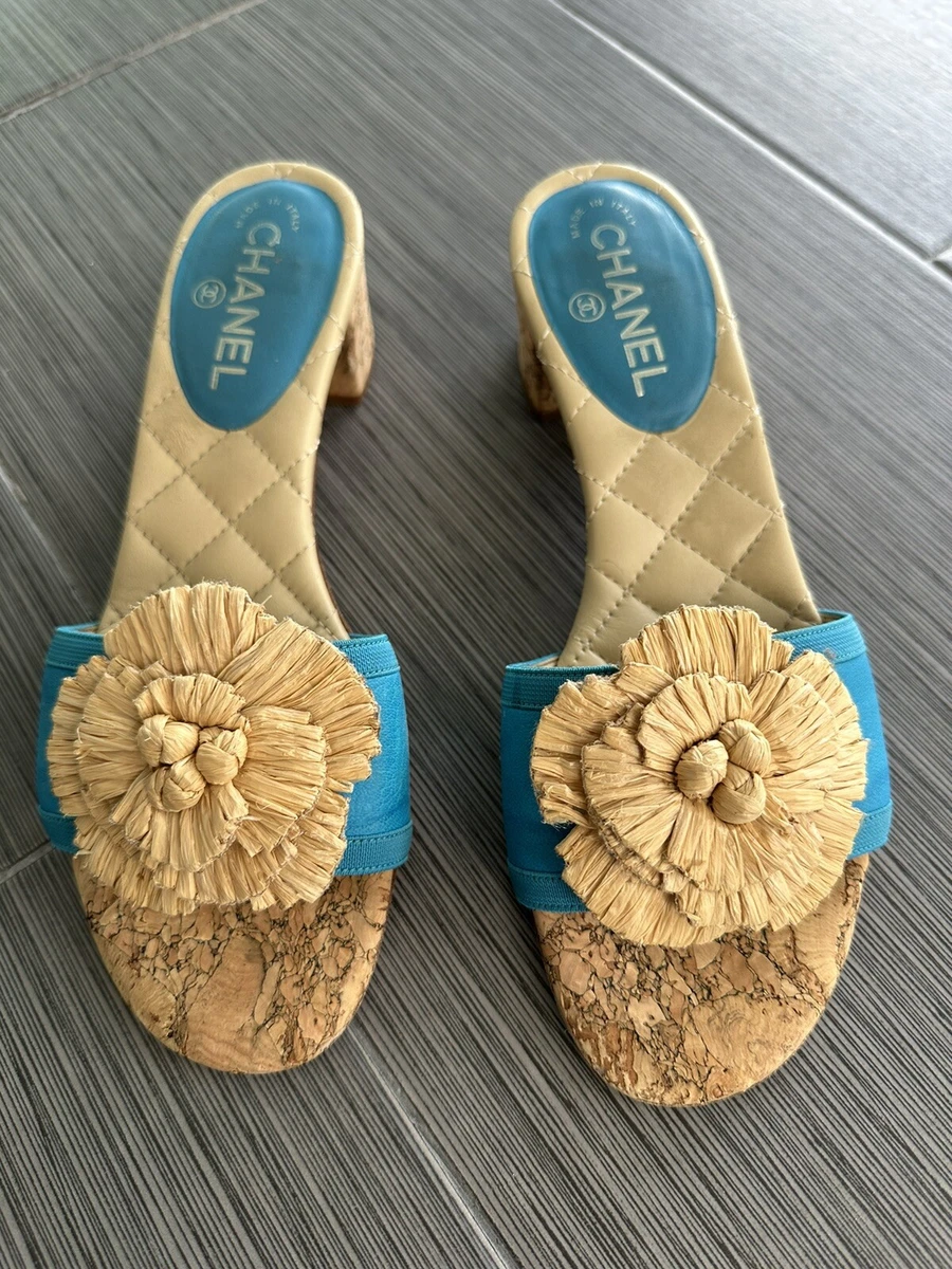 Chanel Turquoise Blue Gold CC Cork Straw Flower Sandals Mules Slides 39.5  /9.5