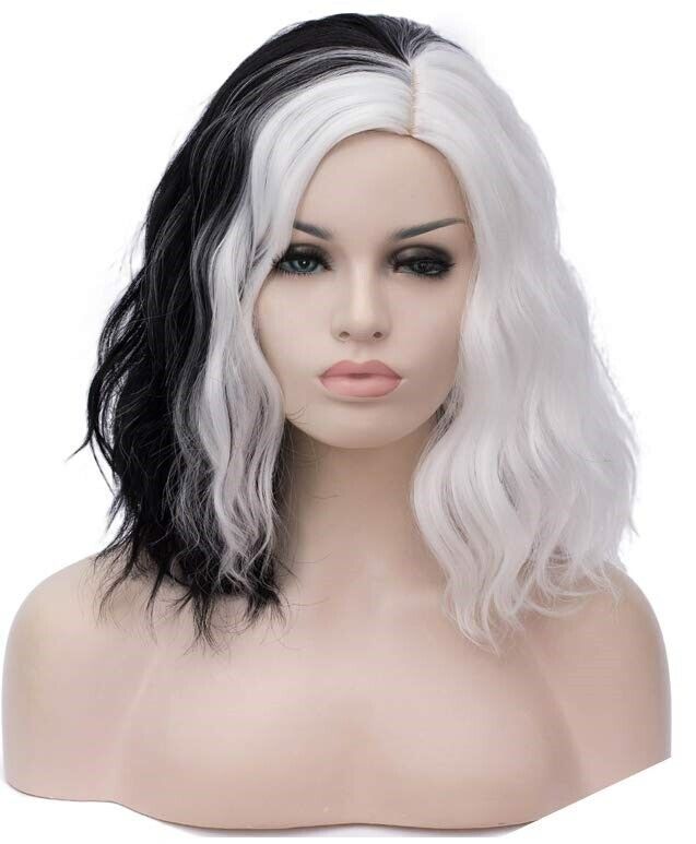 Devilish Black & White Diva Cruella Wig Costume Accessory Hair Devil Adult NEW