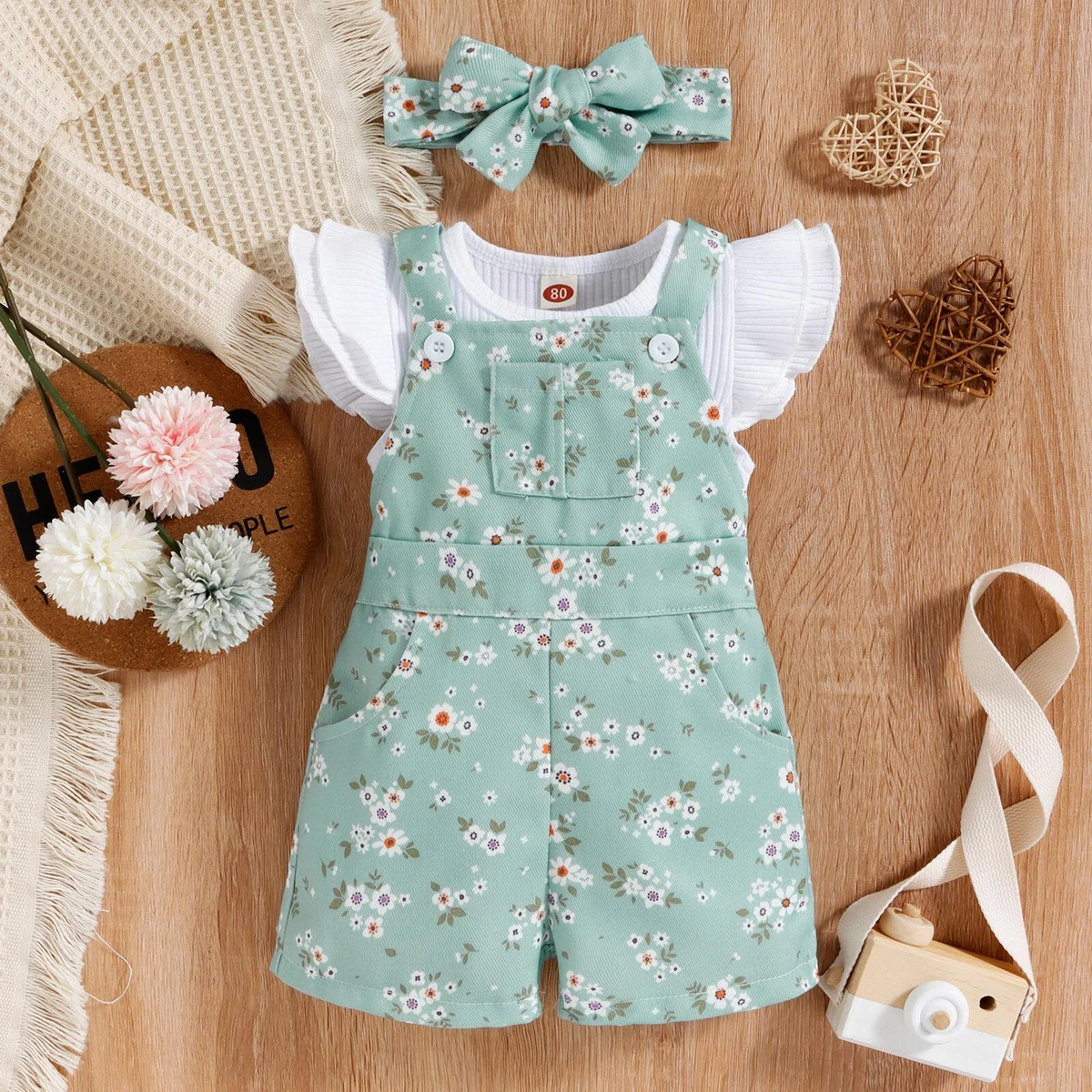 Infant Girls Fly Sleeve Ribbed Tops T Shirt Floral Prints Suspenders Shorts