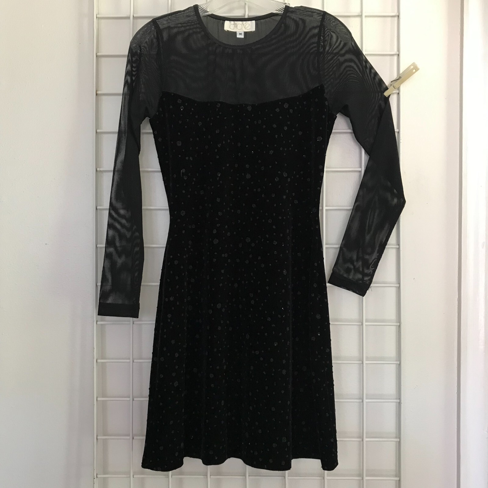 Vintage Cache Black Velvet Dress Sheer Mesh Detail Gem