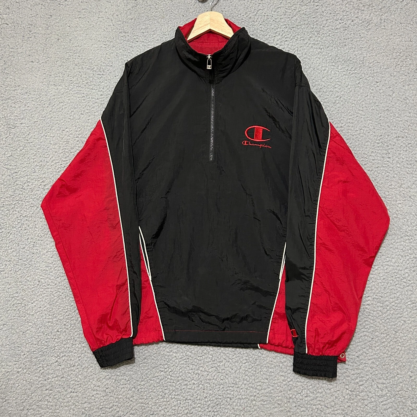 Vintage Champion 1/4 Zip Lightweight Windbreaker Men M Loose Black Red Nylon