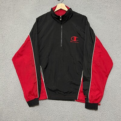 Vintage Champion 1/4 Zip Lightweight Windbreaker Men M Loose Black Red Nylon