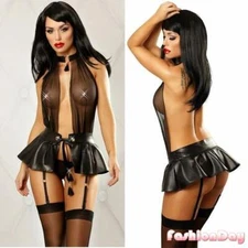 Sexy Women Leather Mini Dress Wet Look Bodycon Lingerie Skirt Clubwear Costume
