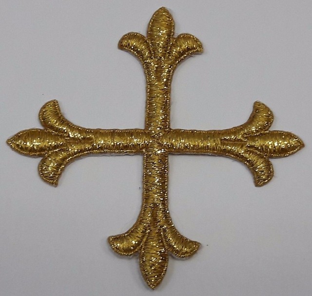 Vintage French Cross Fleury Embroidered Sewon Gold Lame 4" Emblem