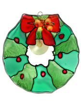 Vintage Stained Glass Christmas Holly Wreath Window Suncatcher 6  Diameter