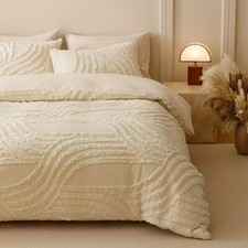 Beige Cotton Tufted Duvet Cover, 3 Pcs Soft  Textured Luxury Bedding Comforter,