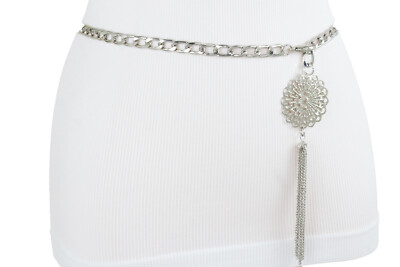 New Women Silver Metal Chain Belt Hip Waist Tassel Fringe Flower XS S M L XL XXL