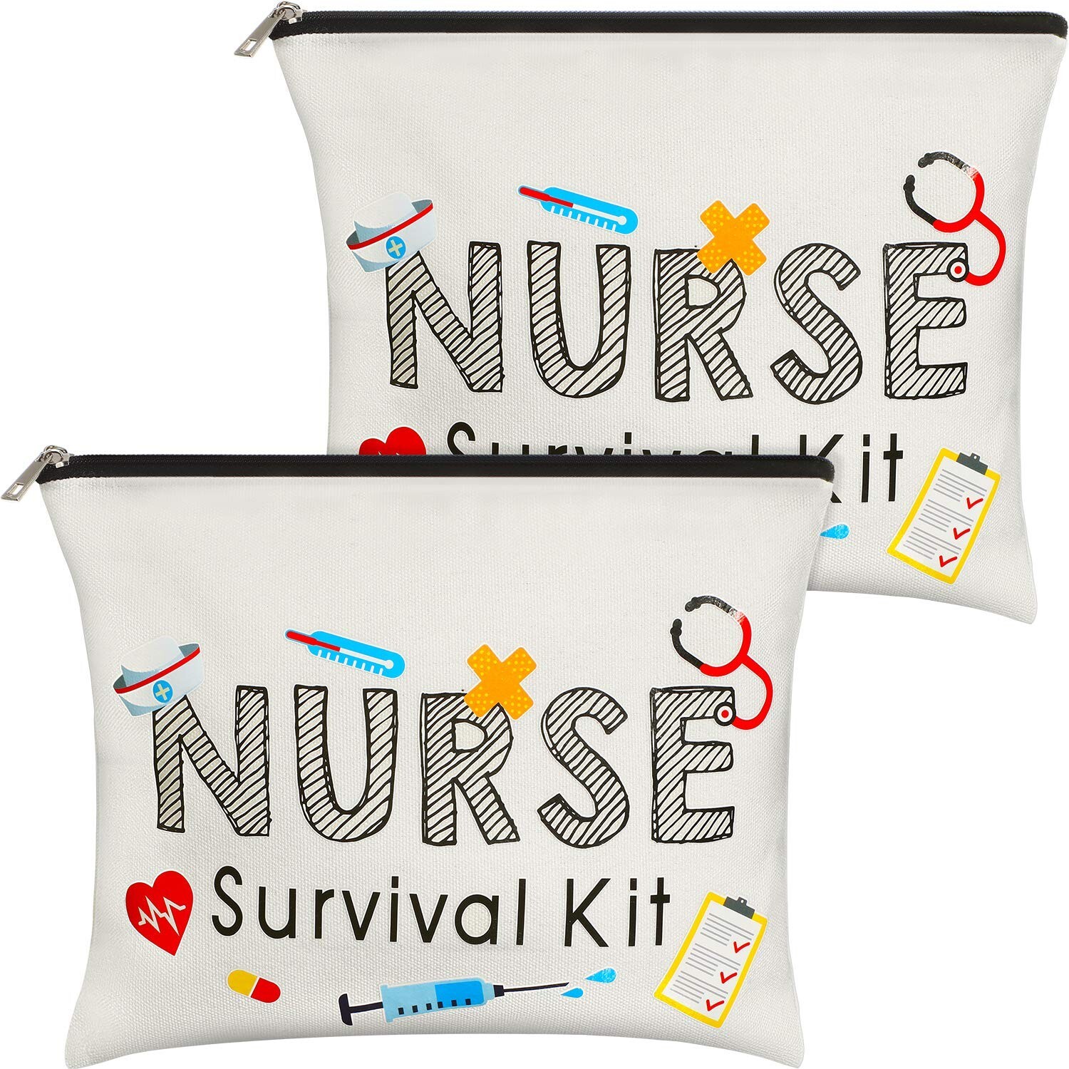 2-Pack Funny Nurse Survival Kit Cosmetic Bag - Cute Makeup Pouch Gift for Nurses