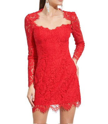 Damen kurzes Kleid rot Spitze elegant Abend eckiger Ausschnitt 2337 new 