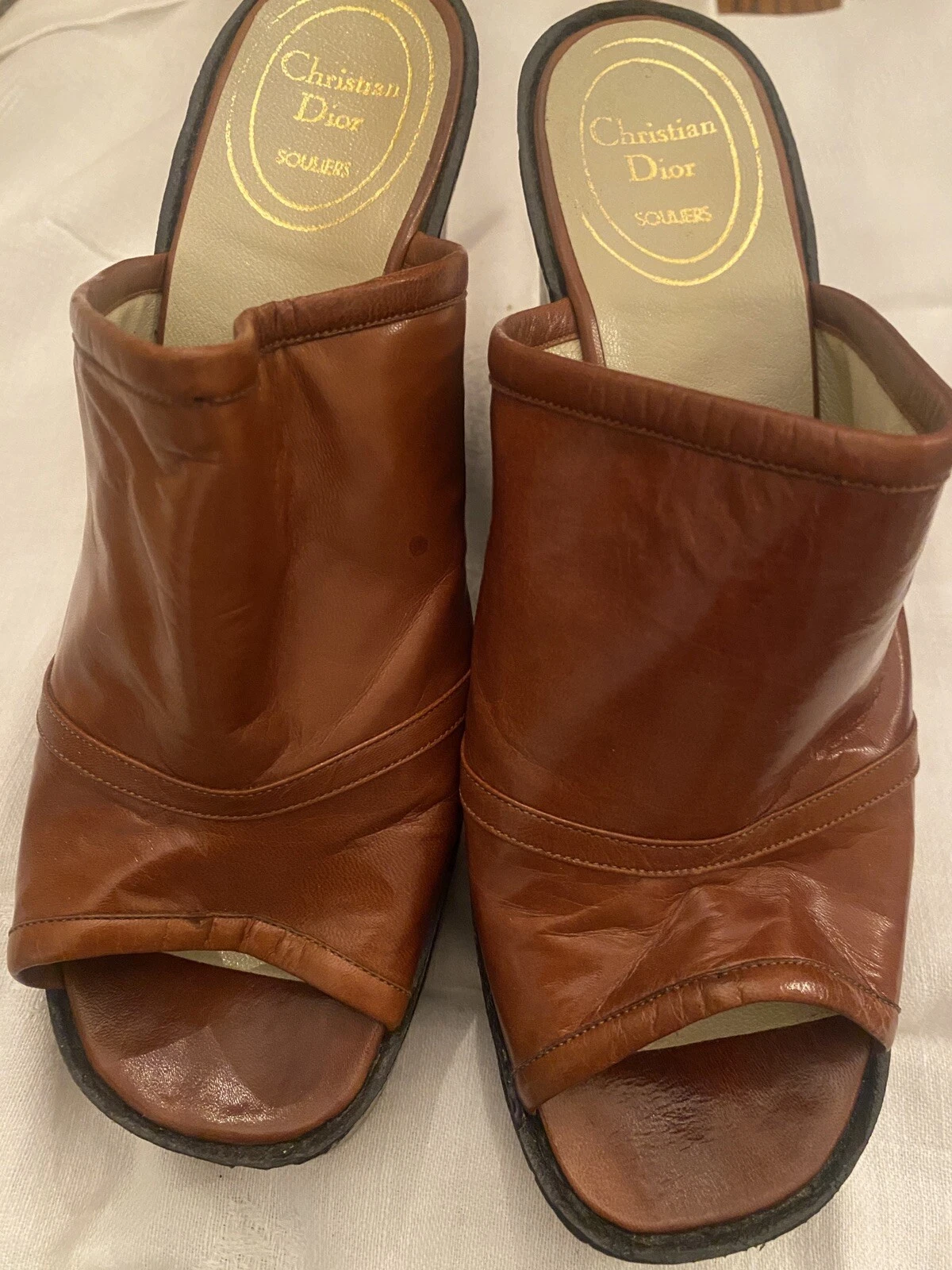 Vintage Rare Christian Dior Souliers Cuir Marron Liège Slides Mules Chaussures Taille 6