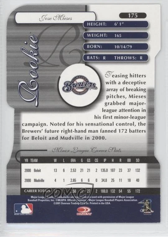 2001 Donruss Elite Turn of the Century Die-Cut /1000 Jose Mieses Rookie Auto RC - Image 2 of 2