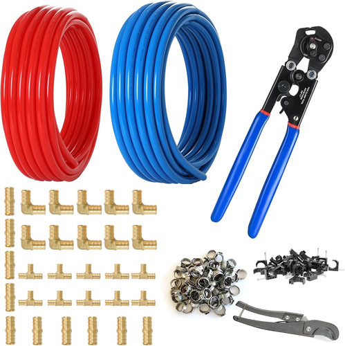 1/2 Inch PEX-B Pipe/Tubing Fitting Kit,2 x100FT2-in-1 Ratchet Cinch Crimp Tool