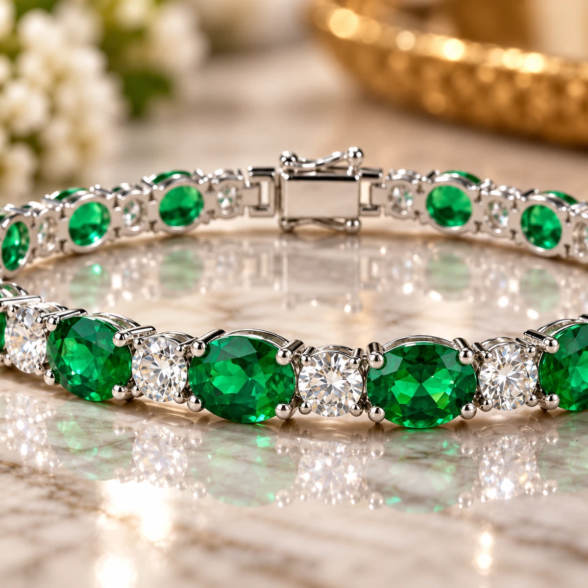 Natural  Emerald & Diamond Round Cut Wedding Bracelet 10K White Gold 15.50 CT
