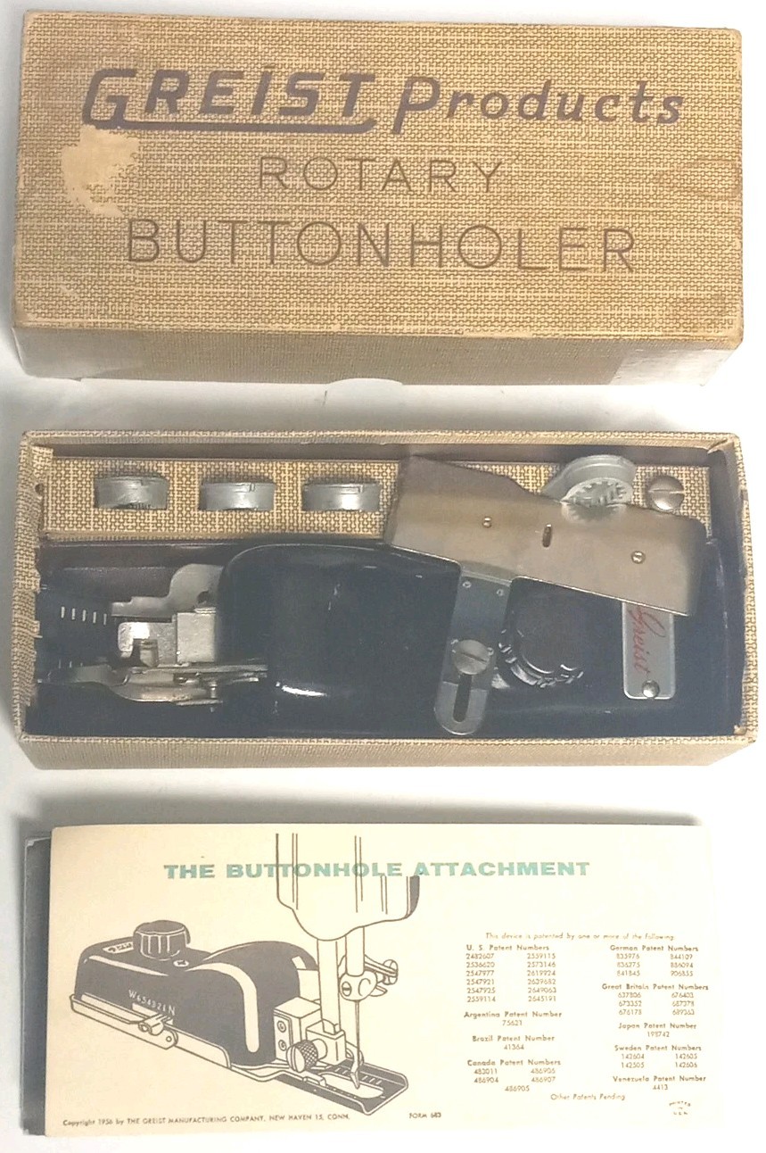 Greist Products Rotary Buttonholer with Instructions and Box, Vintage Antique