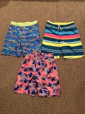 3x Lands End Swim Trunks Boys XL 14-16 Neon Sharks Board Shorts Mesh Lined Beach