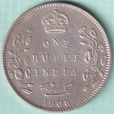 BRITISH INDIA 1908 KING EDWARD VII ONE RUPEE RARE SILVER COIN