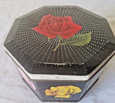 Vintage Pretty Carr & Co Octagonal Tin Black with different colour Roses Flowers