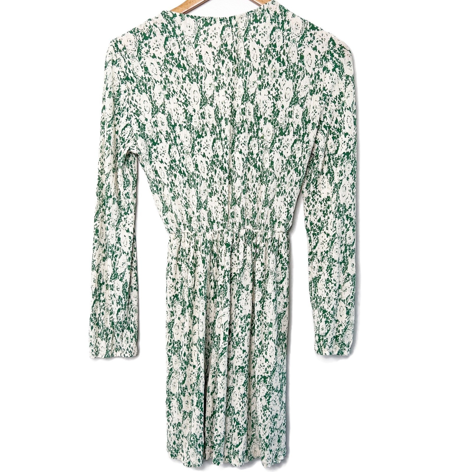 Mango MNG Green White Abstract Floral Plisse V-Neck Long Sleeve Mini Dress M image 4
