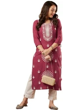 GoSriKi Women's Cotton Blend Chikankari Embroidered Straight Kurta