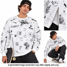 GUESS Los Angeles Graffiti Print Sweatshirt Mens S White Side Zip Streetwear