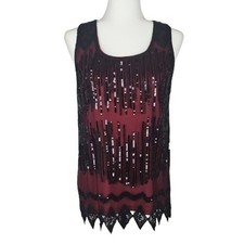 Sequin Party Tank Top Black Sparkle & Dark Red Lining, Size M