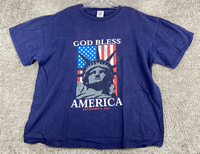 God Bless America T Shirt Men's XL Blue Short Sleeve Sept 11 2001 Statue Liberty