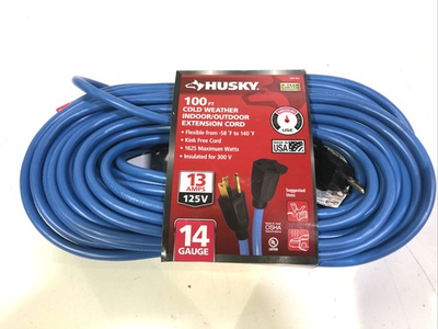 #ad Husky 100 ft. 14 3 Medium Duty Cold Weather Indoor Outdoor Extension Cord Blue $45.99