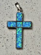 Vintage Sterling Silver 925 Blue Green Fire Opal Cross Pendant, Sparkly