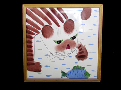 Estonian Helina Tilk cat kitten fish decorative tile made in Czech Republic 6''