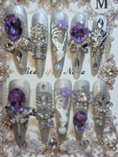 Press On Nails Handmade Medium Gray purple charms butterflies, gothic hand rose