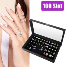100 Slots Jewelry Ring Display Organizer Tray Holder Earrings Storage Boxes Case