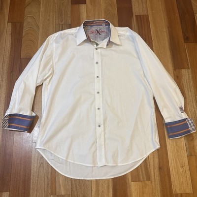 Robert Graham Flip Cuff Shirt Men's XL Classic Fit White Woven Stripe Pattern