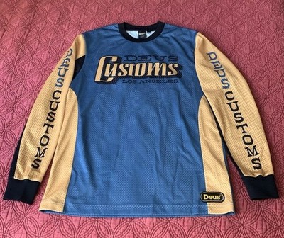 Deus Ex Machina Shirt Mens SMALL Blue Yellow Mesh Moto Jersey Long Sleeve LA