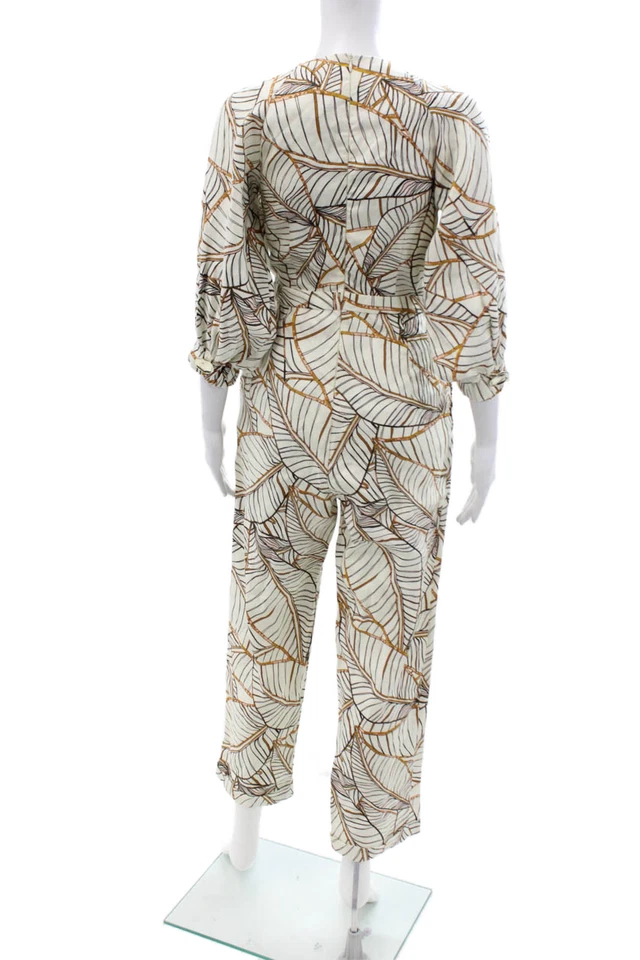 Nicholas Women Beige Linen Geometric V-Neck Jumpsuit 3/4 Sleeve Size 0 - Image 3 of 4