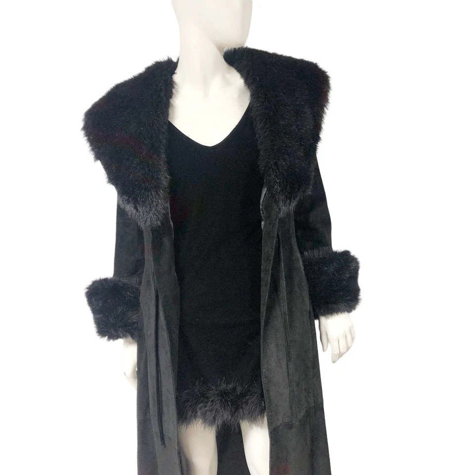 Vintage Y2K 2000s Express Black Suede Faux fur Long Coat Duster Size 5/6 - Image 3 of 4