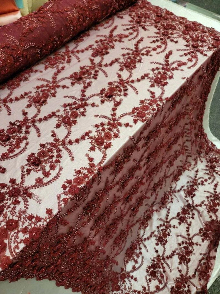 Tela por yarda borgoña cuentas encaje 3d gasa flores bordado  Foto 2 de 4