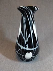 1980's Fenton Black Amethyst Art Glass, White Hanging Hearts Vase, 7”