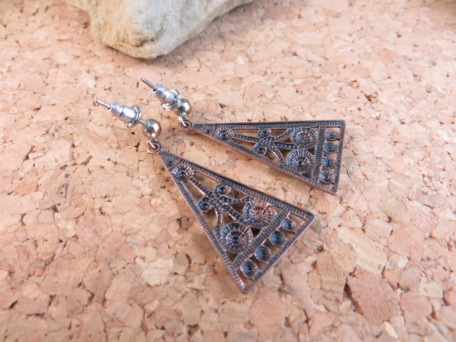 Vintage Copper Studded Triangular Dangle Post Ear… - image 4