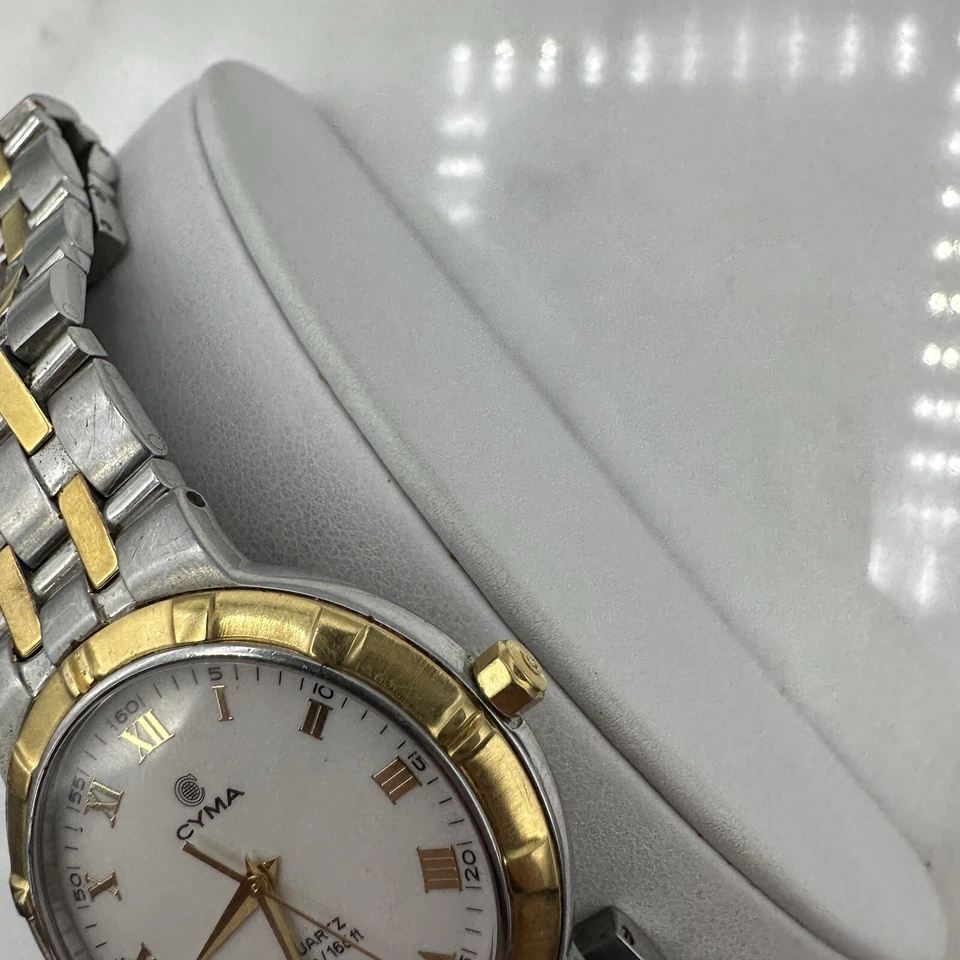 "Reloj para hombres CYMA Le Locle hecho en Suiza dorado tono plata SS 35 mm talla 7"" fecha, funcionando" Foto 4 de 4