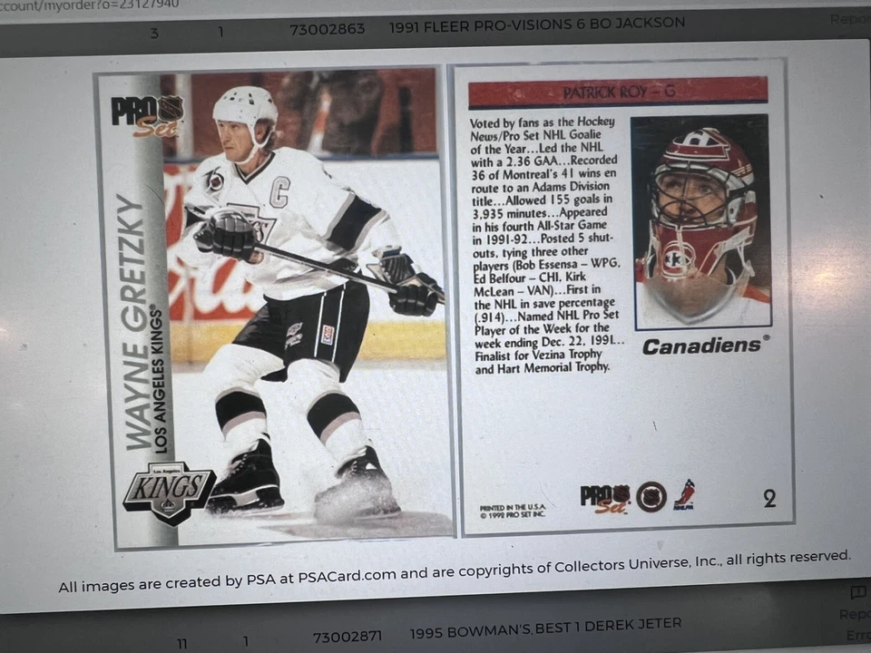 Wayne Gretzky(背面错误)Patrick Roy (BACK) 打印错误 1992-93 Pro 套装 — 第 2/4 张图片