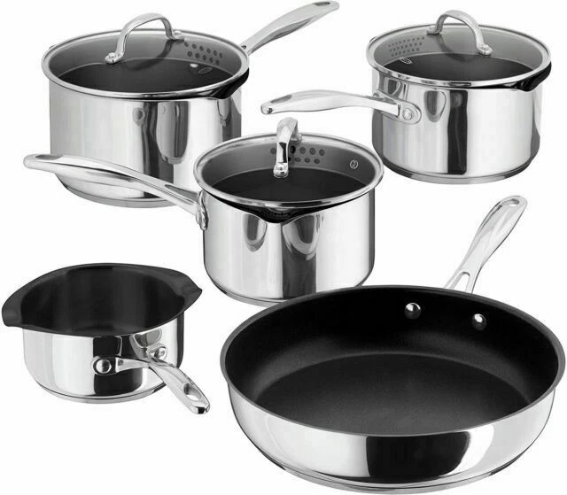 Stellar7000 5 Piece Non-Stick Saucepan Draining Set Glass Lids - Silver (S7C1DNS)