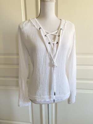 Cloth & Stone White Gauze Lace Up Top Bell Sleeve 100% Cotton