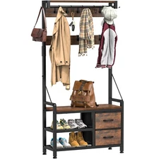 Hall Tree 31" Entryway Bench with Coat Rack Freestanding 4 in 1 Shoe Bench Brown