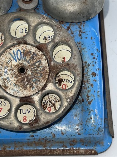 Vintage 1940's-1950's Blue Tin Toy Telephone Voice Phone Gong Bell Rustic Prop - Picture 12 of 12