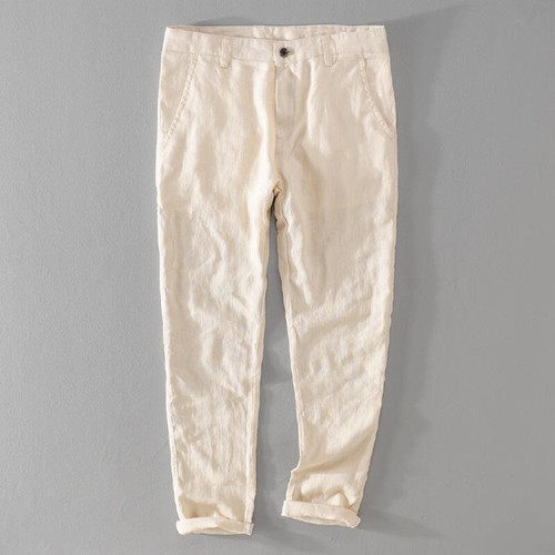 Men Linen Blend Pants Trousers Straight Leg Slim Casual Business Smart - Picture 5 of 17
