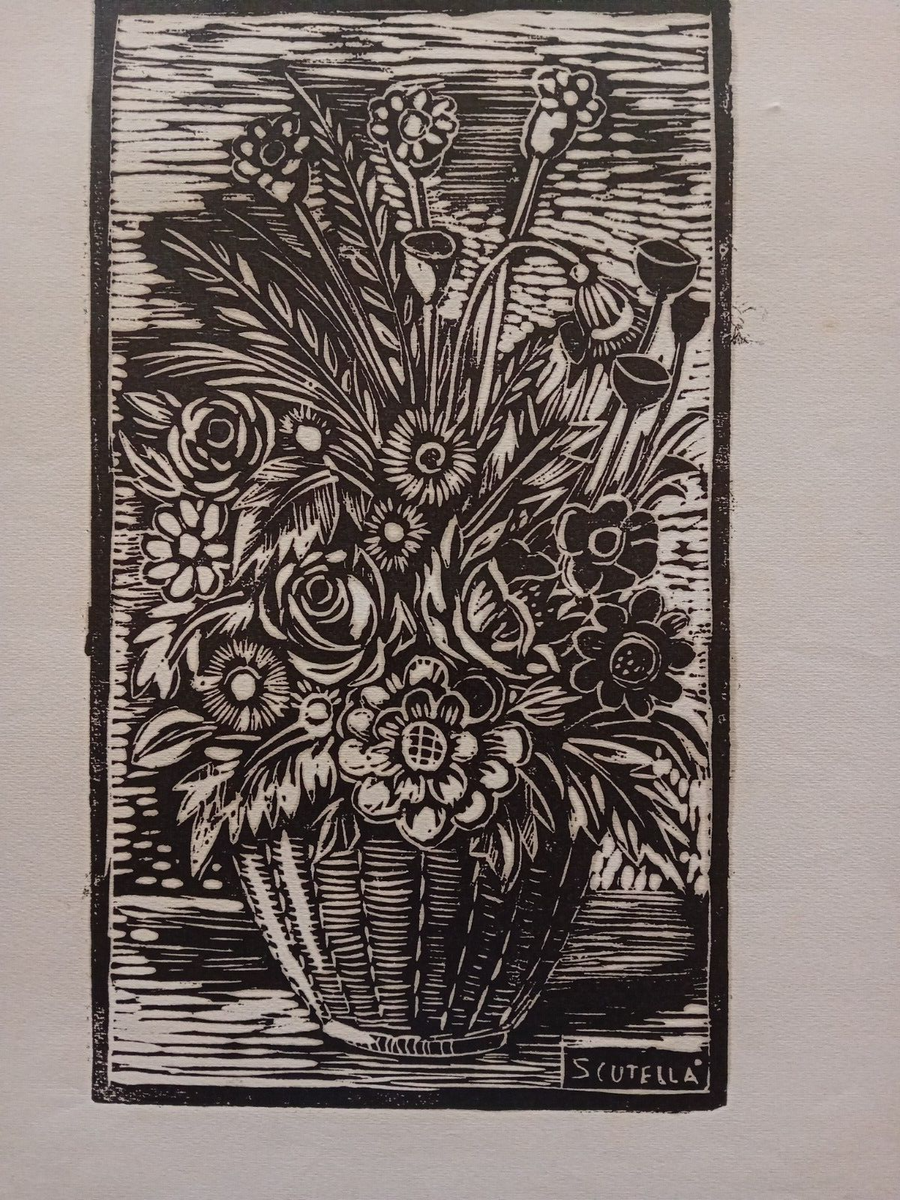 Saverio Scutellà Vaso di fiori Xilografia Firmato 48,2x33 cm