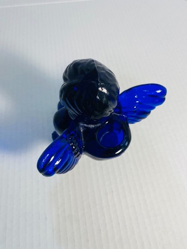 Vintage Cobalt Blue Glass Sitting Angel Cherub Taper Candle Holder 5"x 5"x 5". - Picture 10 of 19
