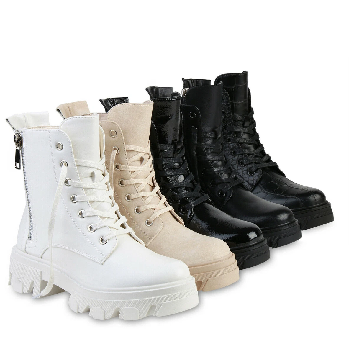 Damen Stiefeletten Plateau Boots Kroko Zipper Blockabsatz Schnürer 