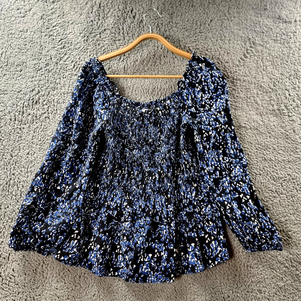 ANKO Womens Blouse Top Size 10 Black Blue White Smocked Off the Shoulder