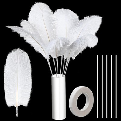 80 PCS Ostrich Feathers Bulk White 8-12 Inch Iron Wire Tape Vase Decor